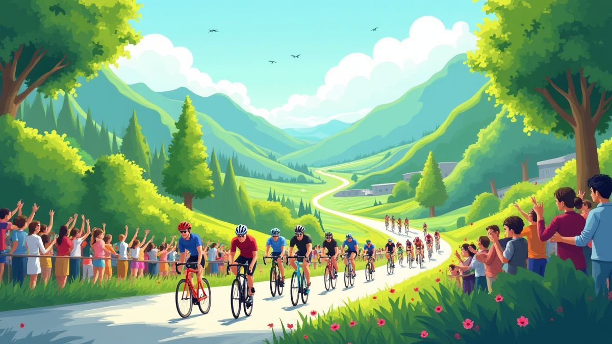 Paisaje verde con ciclistas compitiendo y espectadores animando.