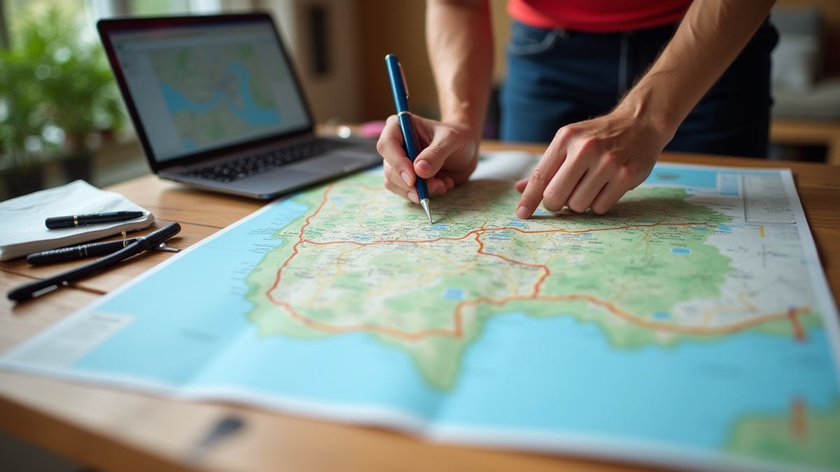 Ciclista planeando una estrategia con un mapa y herramientas.