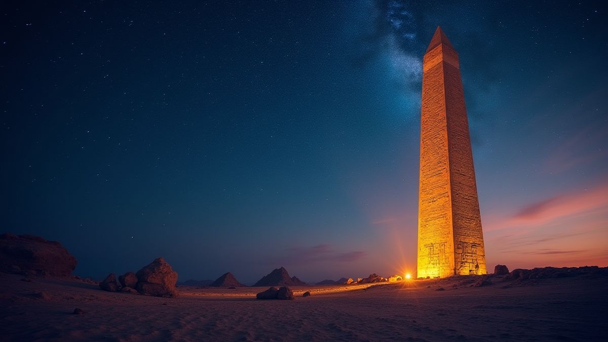 Ein kosmischer Hintergrund mit Sternen und einem leuchtenden ägyptischen Obelisken.