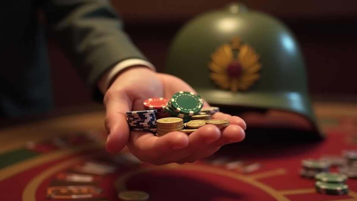 Une main animée tenant des jetons de casino et des pièces avec un casque de la Seconde Guerre mondiale en arrière-plan.