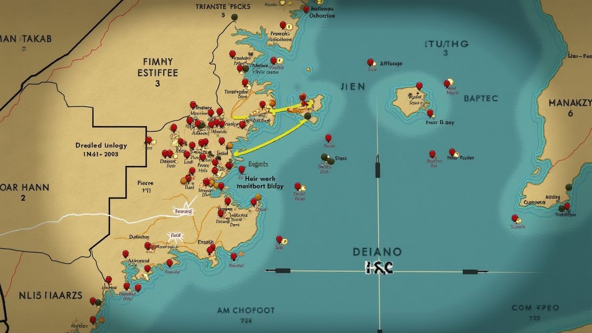 Une carte animée de la Seconde Guerre mondiale avec des marques montrant les plages de Normandie.