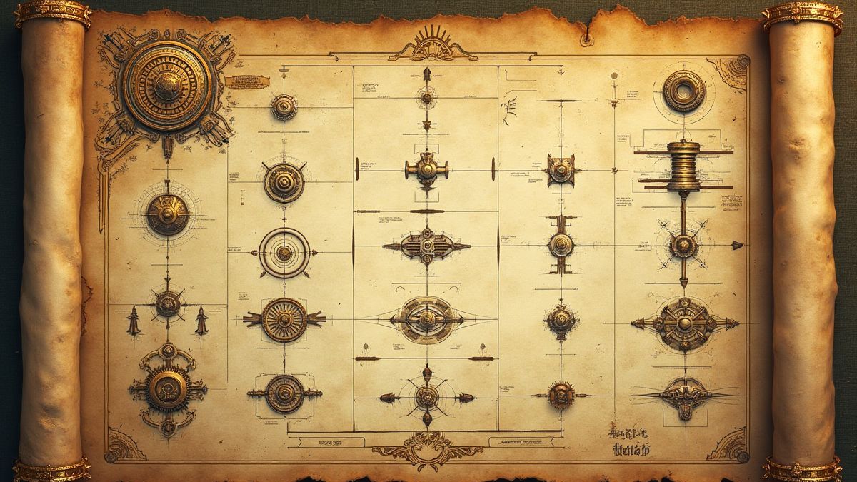 Parchemin de style Renaissance avec des détails dorés et des croquis d'inventions.