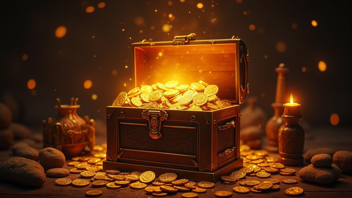 Coffre au trésor brillant entouré d'artefacts et de pièces dorées.