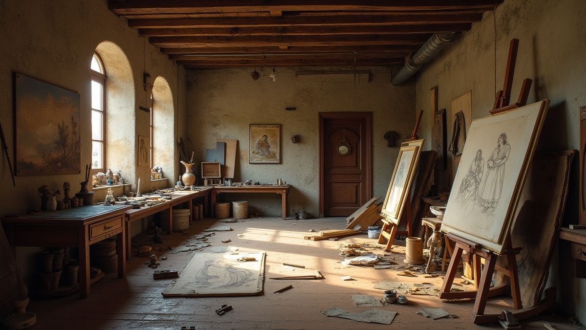Un taller renacentista lleno de pinturas y herramientas.