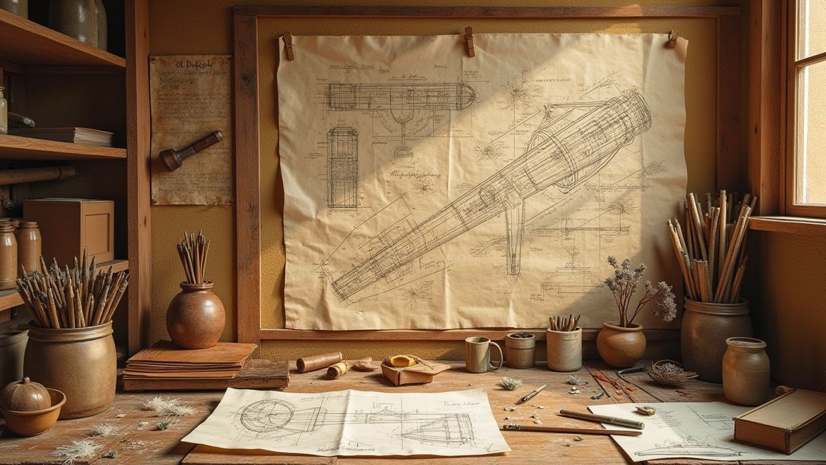 Leonardo Da Vincis Werkstatt mit Skizzen und Werkzeugen.
