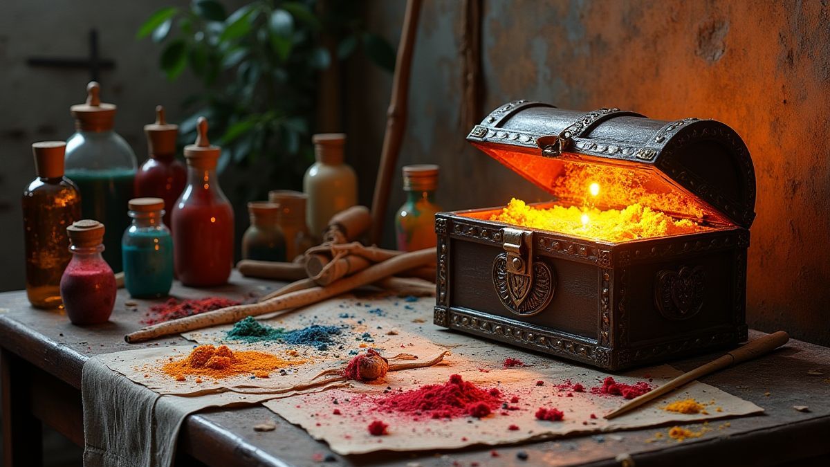 Renaissance-Kunststudio voller Farben und einer leuchtenden Schatzkiste.