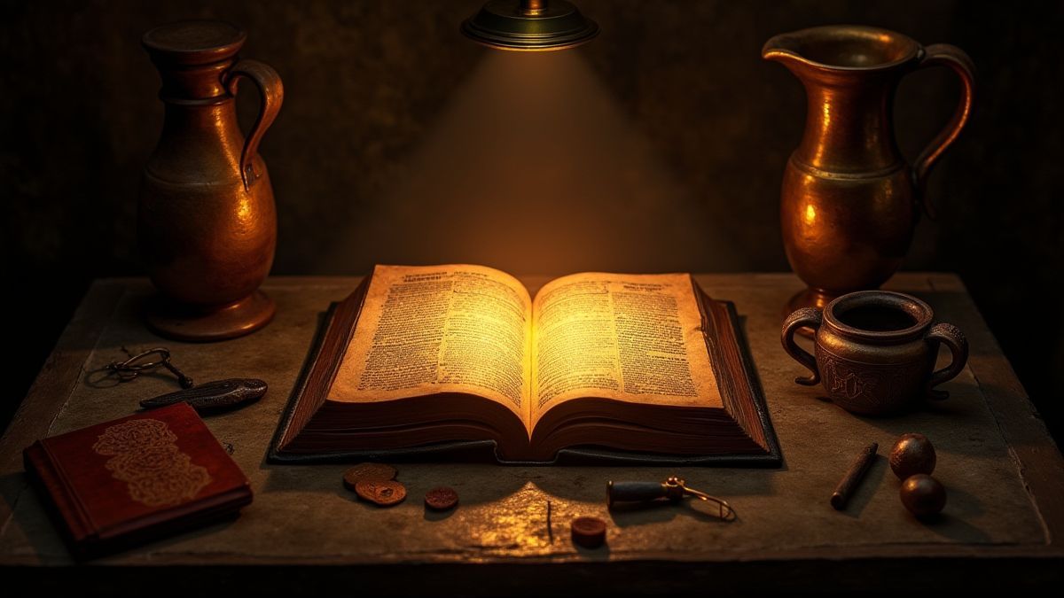 Een stralend codex omringd door renaissancekunst en gereedschappen.