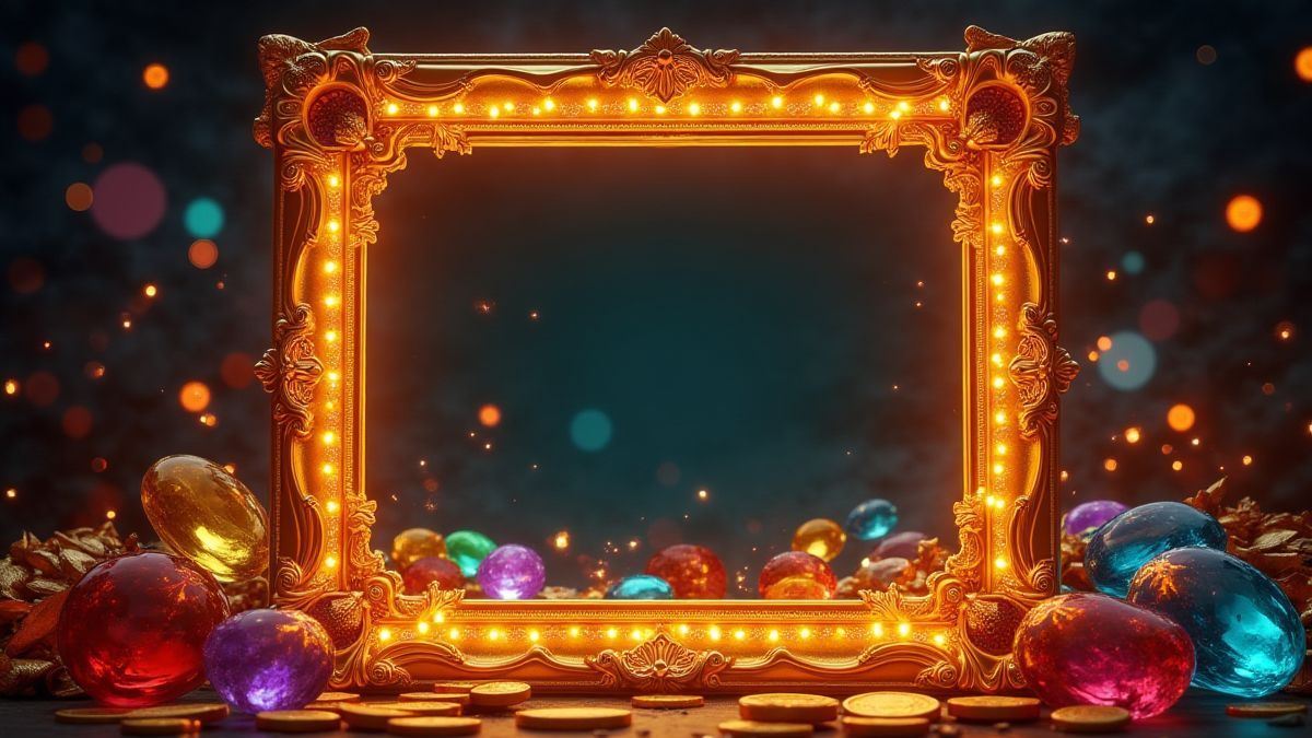 Marco de arte renacentista con gemas brillantes y monedas de oro