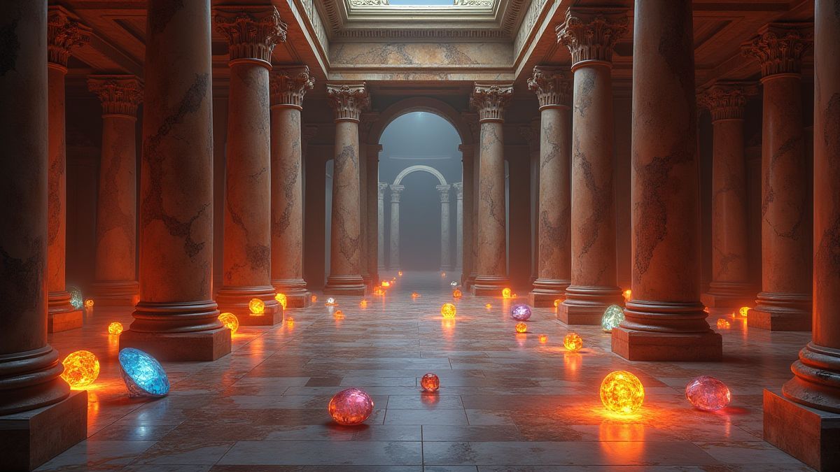 Galería renacentista con columnas de mármol y gemas brillantes