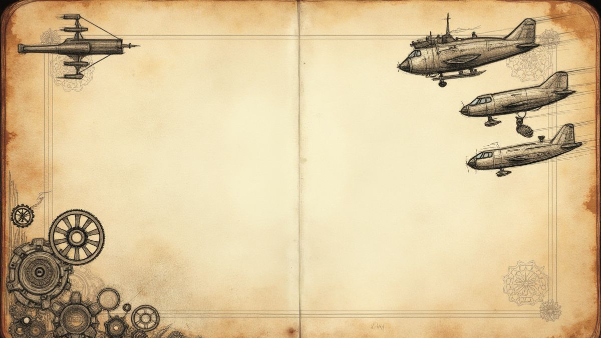 Cuaderno de bocetos vintage con diseños de engranajes y máquinas voladoras.