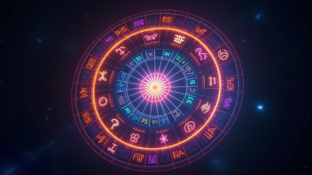 Animiertes Zodiac-Rad mit leuchtenden astrologischen Symbolen