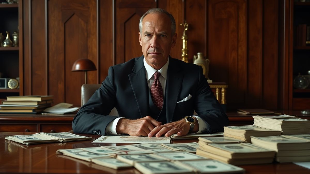 Despacho de un magnate del petróleo con dinero y documentos.