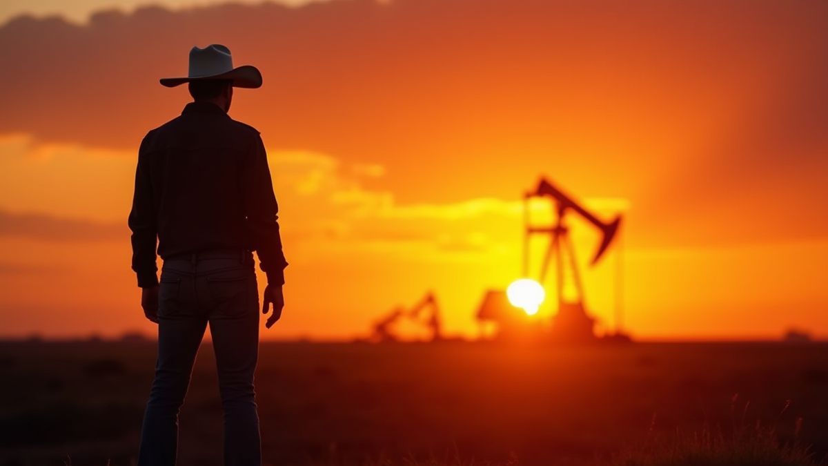 Atardecer sobre un pozo petrolero con la silueta de un cowboy.