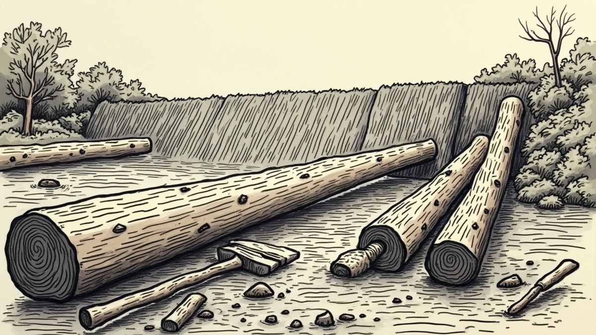 Wooden logs and tools for building a dam.