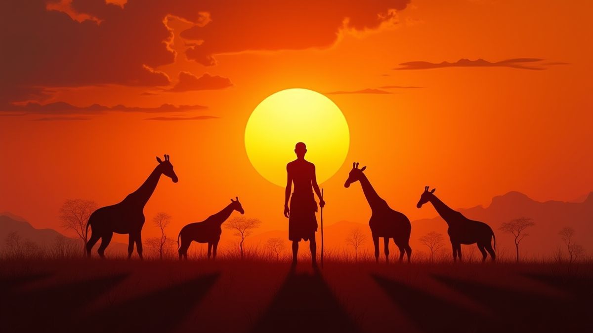 Coucher de soleil sur la savane africaine avec des girafes et un guerrier Masai.