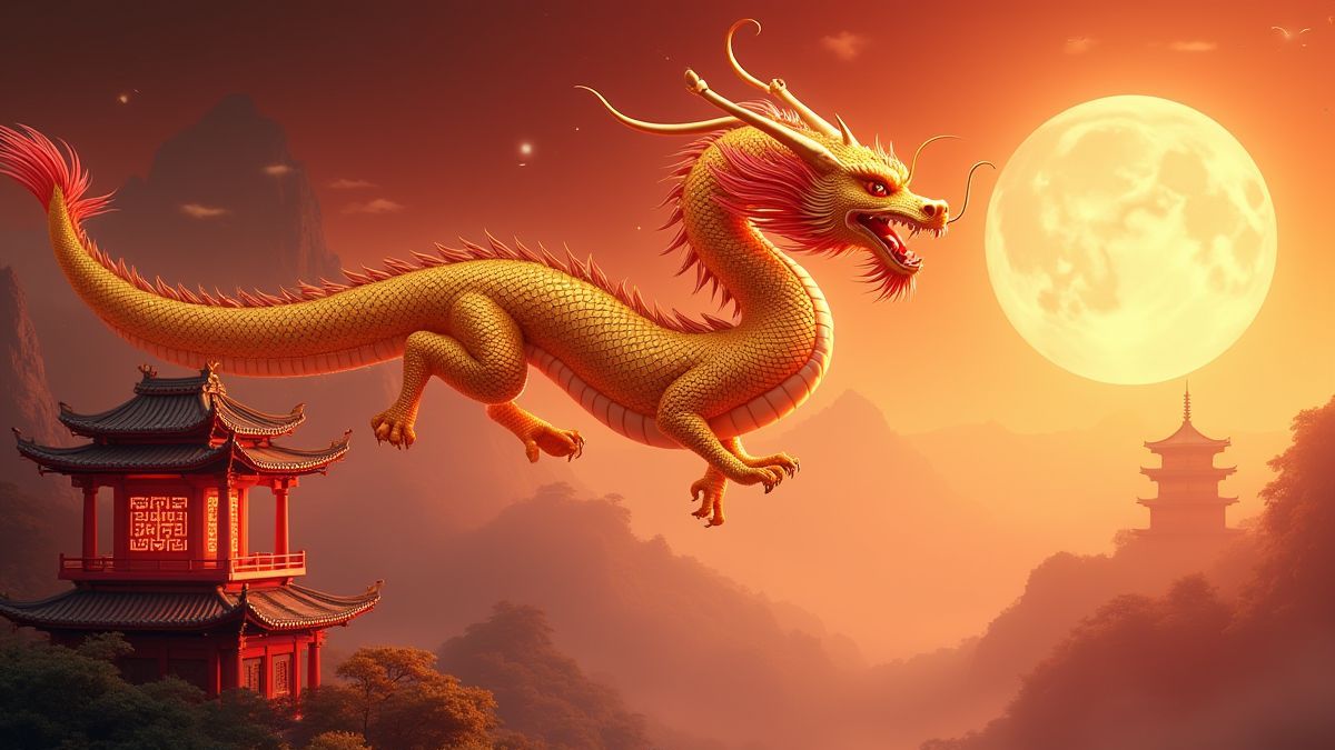Un dragon chinois doré volant au-dessus d'une pagode rouge et dorée resplendissante.