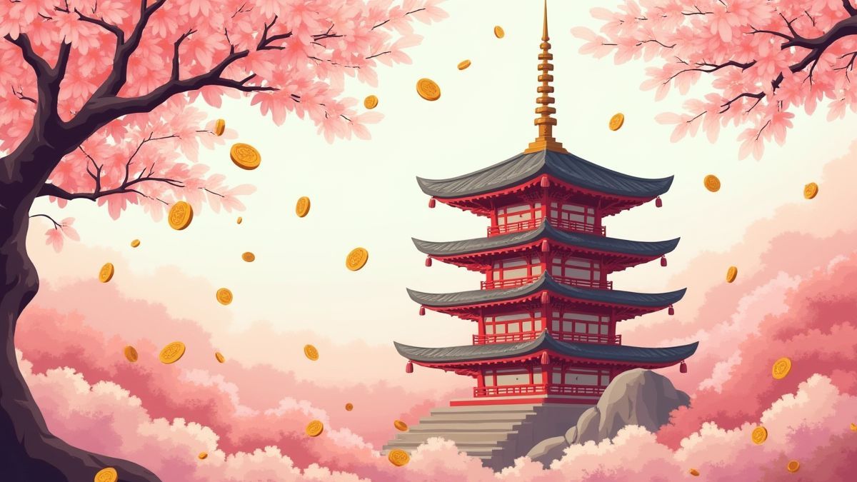 Fleurs de cerisier et pièces dorées devant une pagode asiatique.