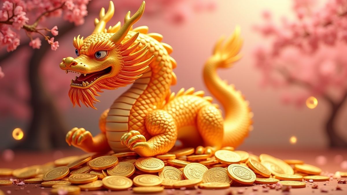 Dragon doré entourant des pièces porte-bonheur avec des fleurs de cerisier.