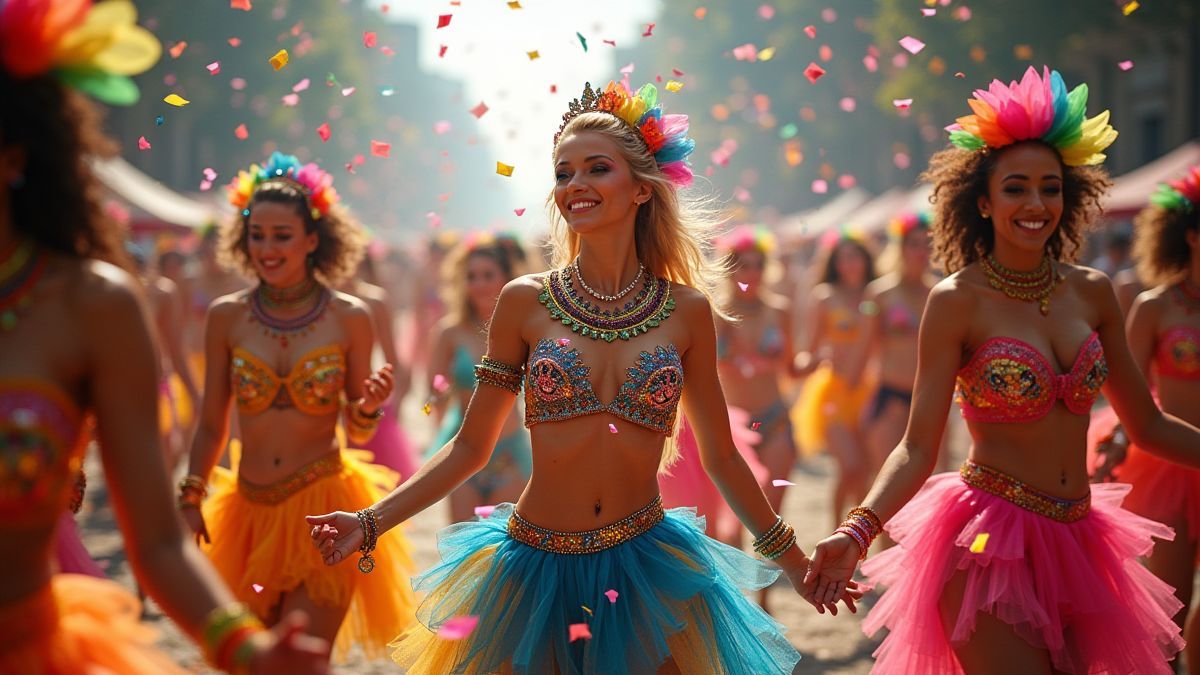 Kleurrijke parade met dansers en confetti