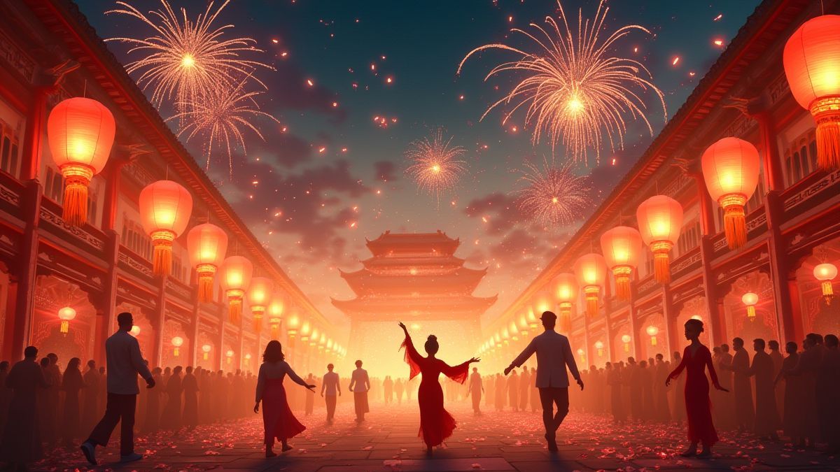 Un festival asiático lleno de farolillos, fuegos artificiales y bailarines tradicionales.