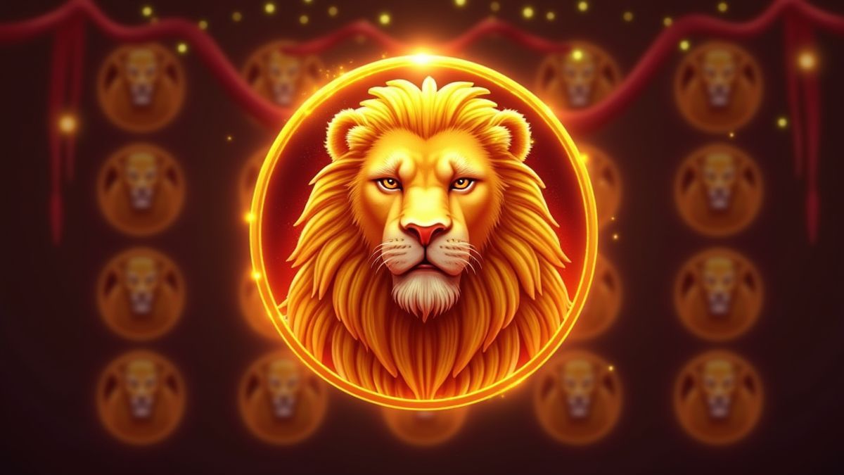 Símbolo de león dorado brillando en un fondo festivo de carretes.