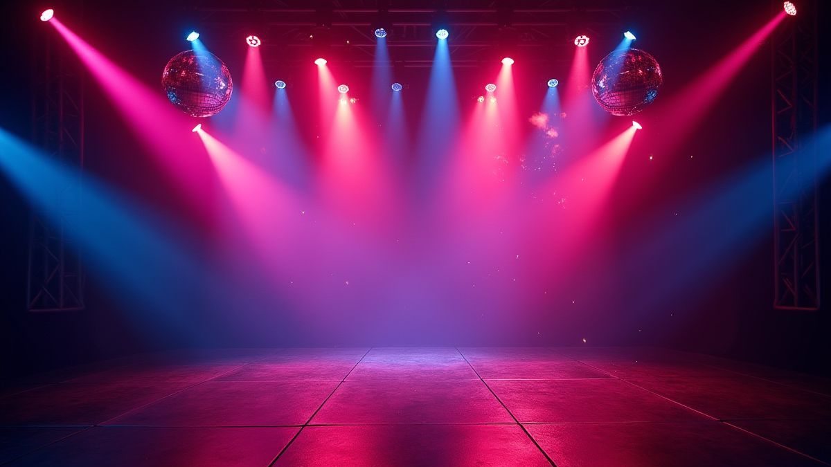 Neon lights on an electrified stage with disco balls.