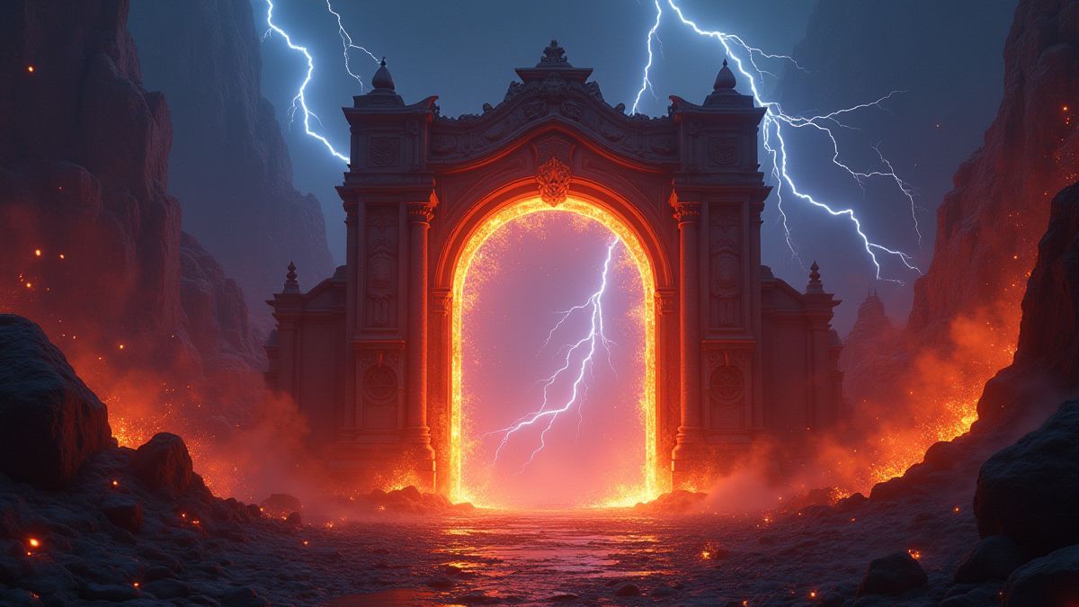 Shining gates with lightning and electric sparks.