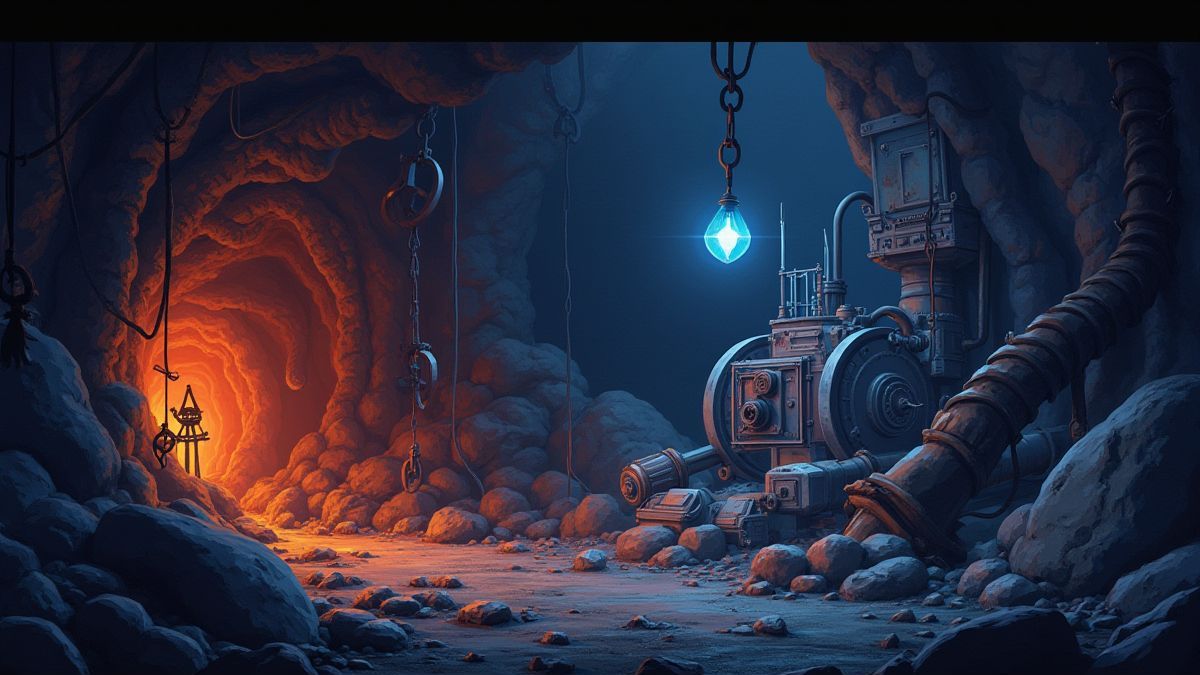 Uma mina subterrânea iluminada com ferramentas e gemas.