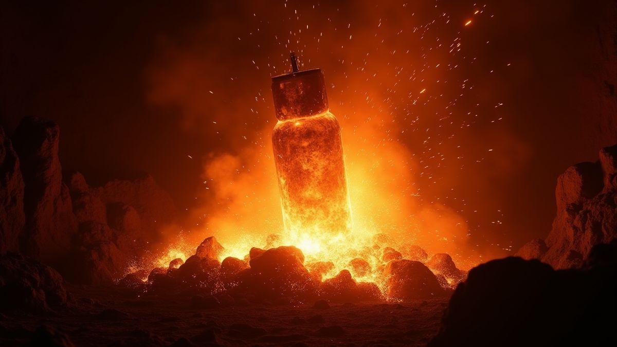 Explosão de dinamite em uma mina escura com chispas.