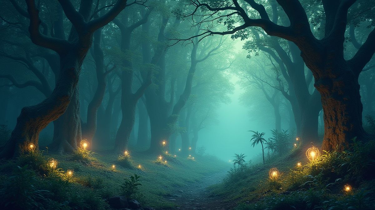 Ein magischer Wald mit leuchtenden Pflanzen und mystischen Kreaturen.