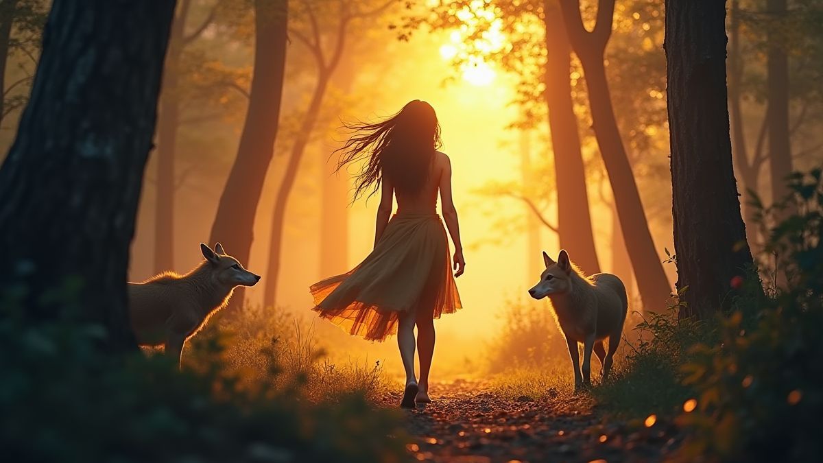 Eine mutige Heldin in einem strahlenden Wald umgeben von magischen Tieren.