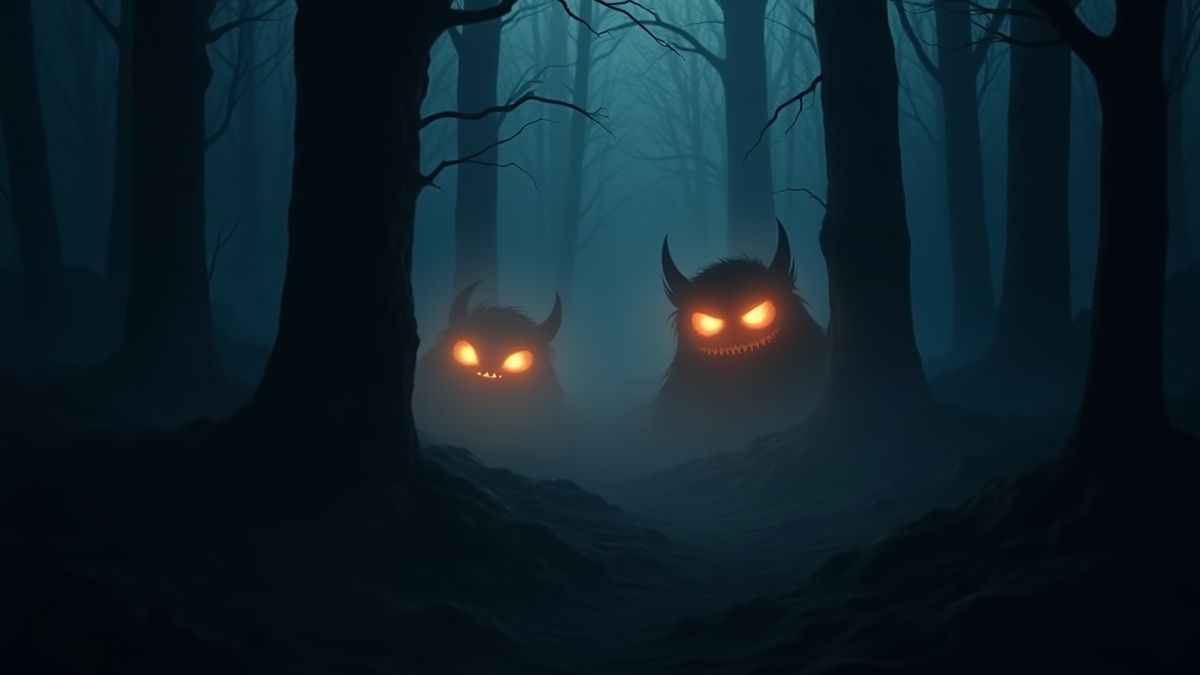 Ojos brillantes de monstruos entre un bosque oscuro con niebla espeluznante.