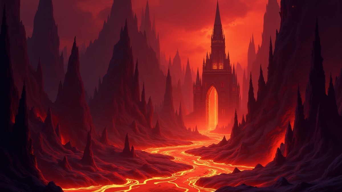 A gothic underworld with dark architecture and lava rivers