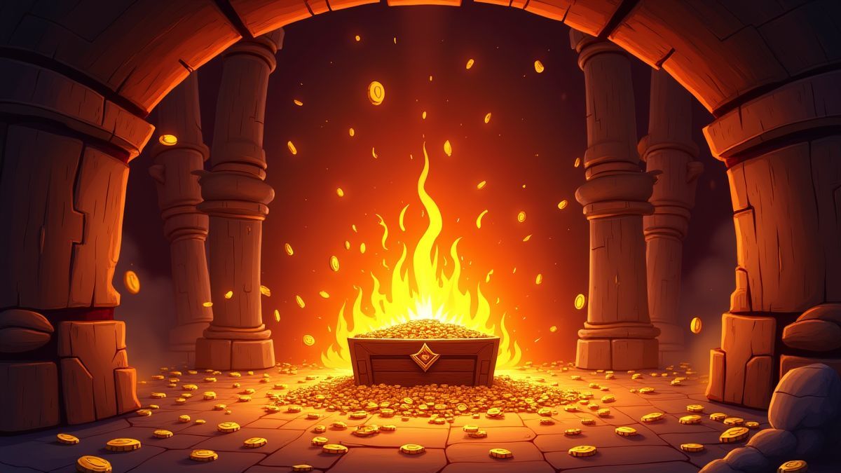 An infernal treasure room filled with coins and magical artifacts