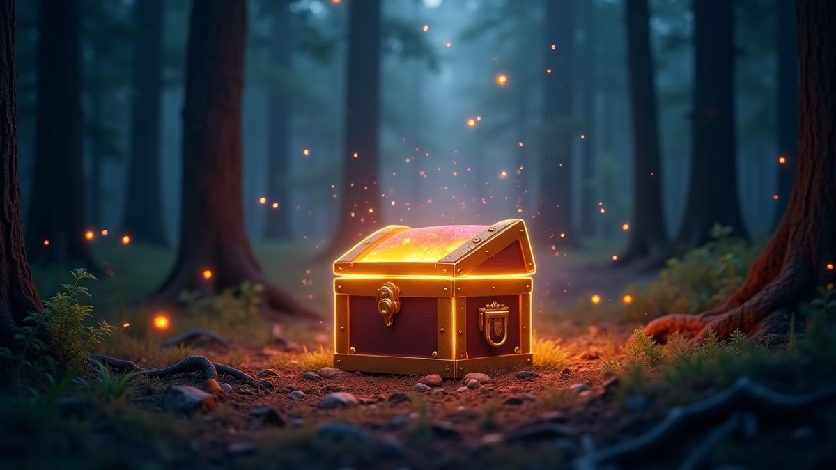 Eine Schatztruhe umgeben von magischem Licht in einem mystischen Wald.