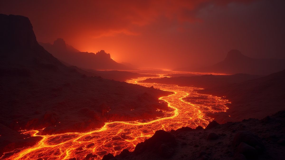 Paisagem mística e ardente com rios de lava