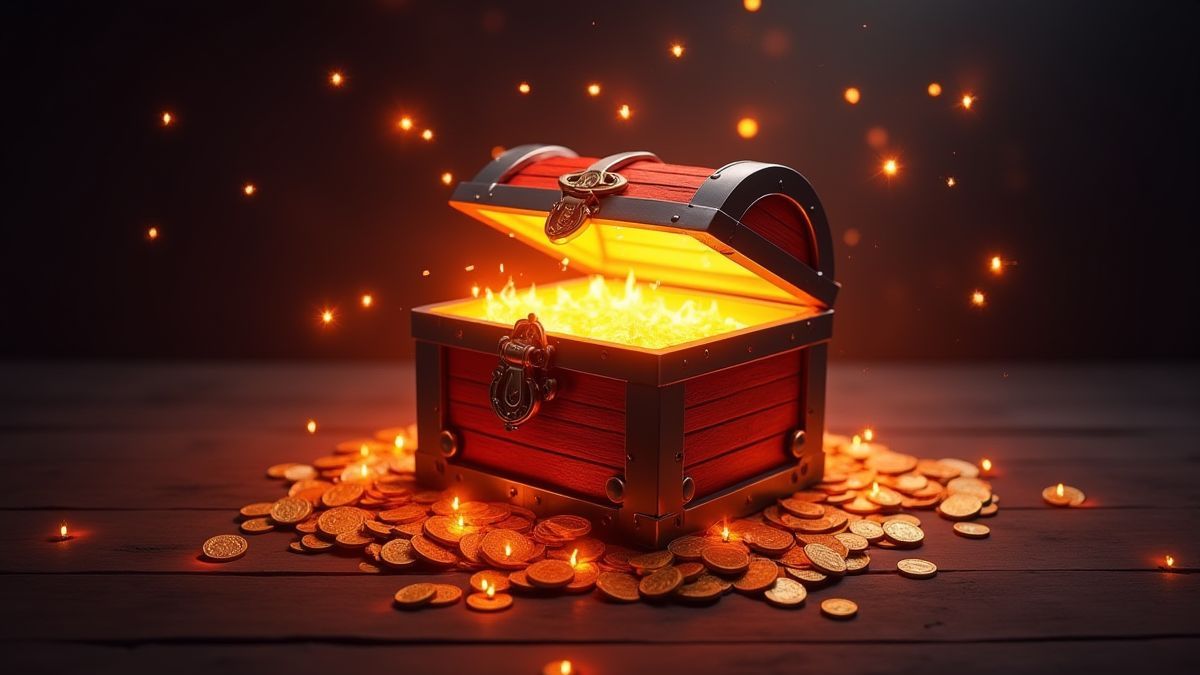 Cofre do tesouro rodeado de moedas brilhantes e luz mística