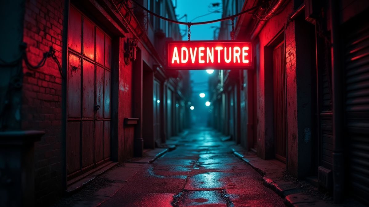 Um beco urbano com luzes de néon que sugerem mistério e aventura.