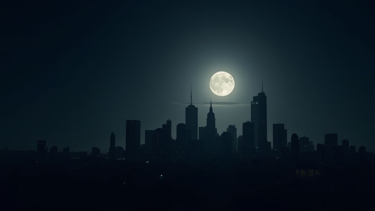 Uma cidade escura com a lua iluminando os arranha-céus.