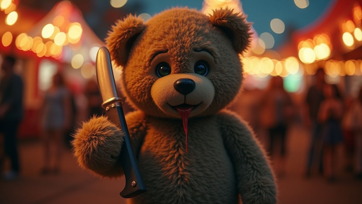 Un ours de peluche tenebreux tenant un couteau dans un parc d'attractions.