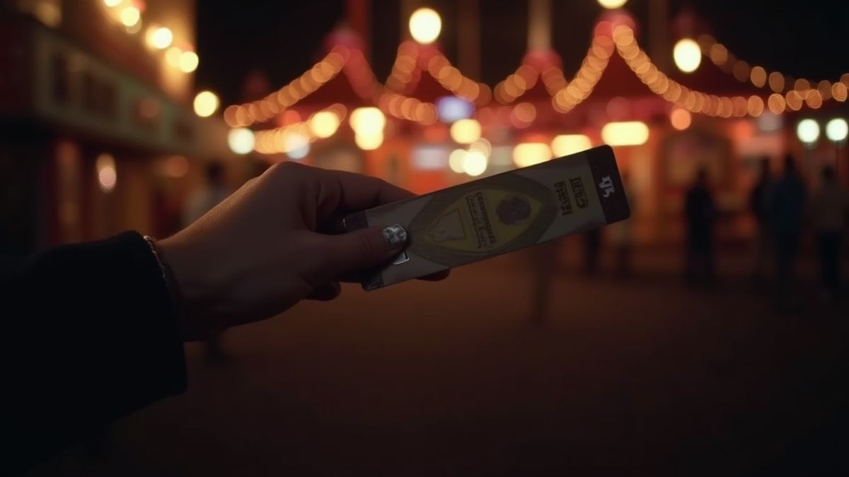Une main tenant une carte dans une ambiance de carnaval tamisée.