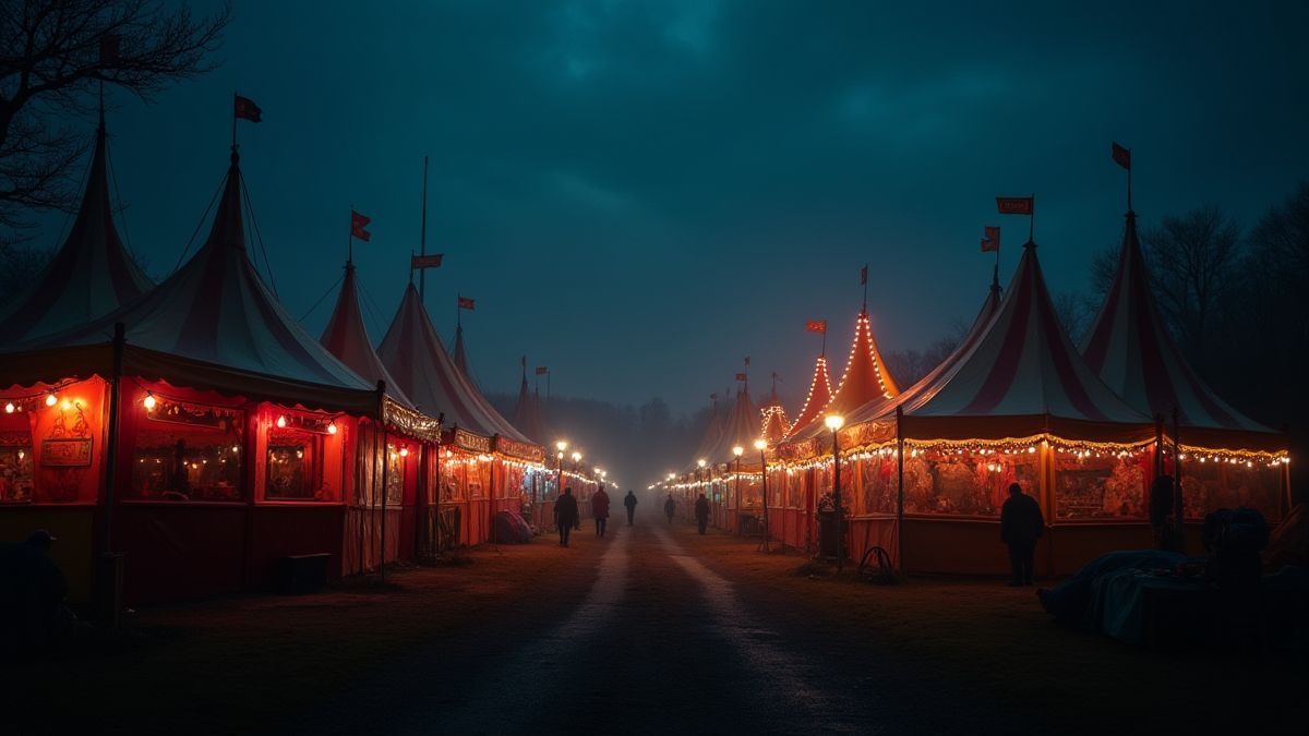 Un carnaval sombre de nuit avec des tentes illuminées et des ombres inquiétantes.