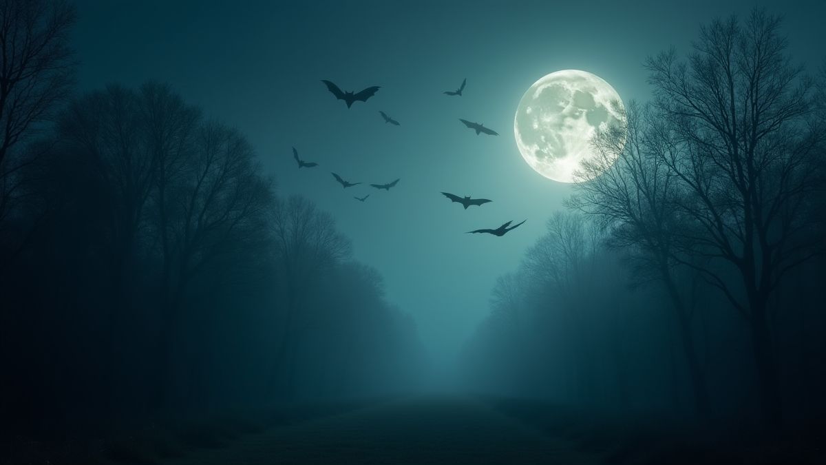 Un forêt brumeuse avec des chauves-souris volant sous une lune pleine.