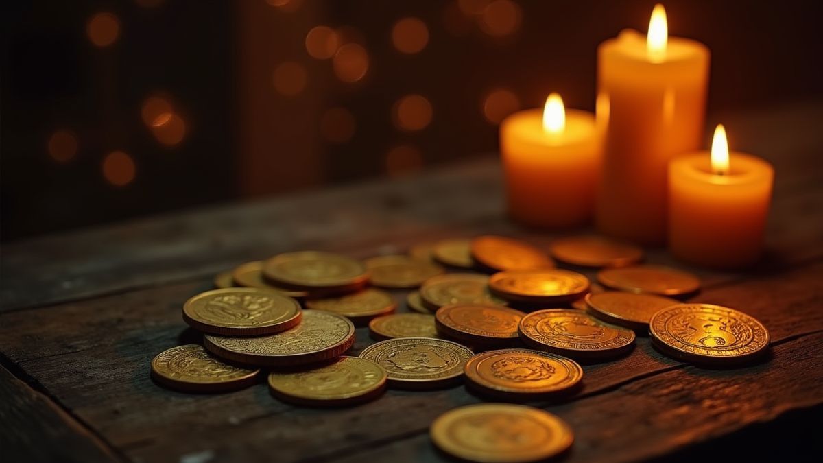 Des pièces d'or sur une table gothique éclairée par des bougies.