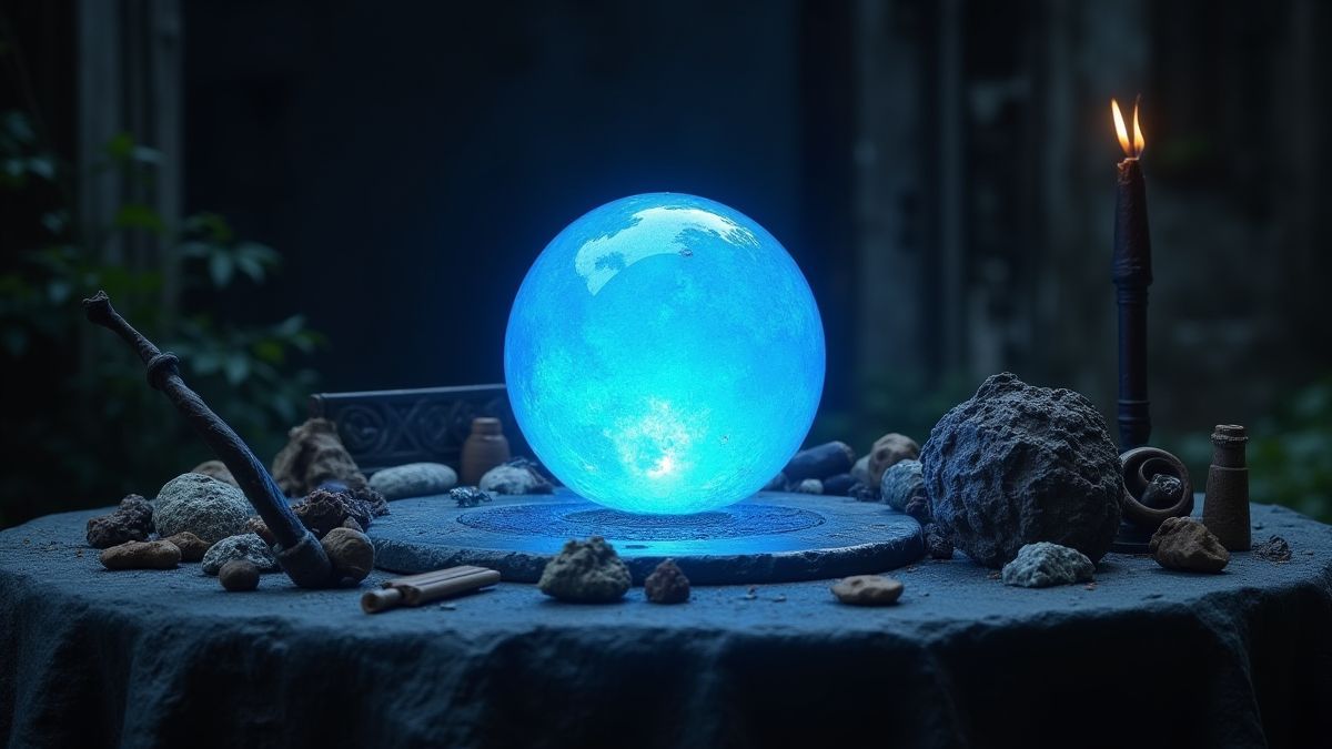 Une sphère bleue brillante entourée d'artefacts médiévaux.
