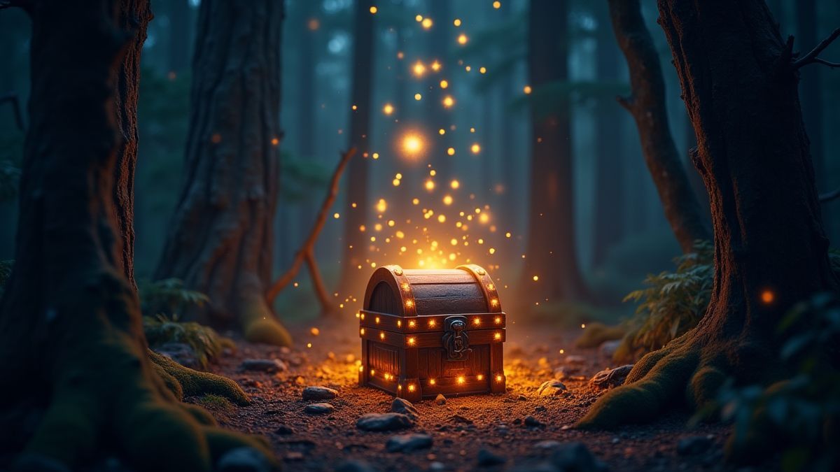 Leuchtende Schatztruhe umgeben von magischen Symbolen in einem dunklen Wald.