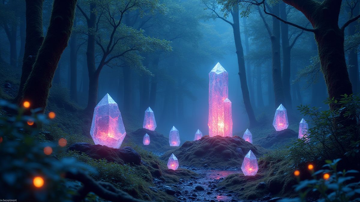 Mystischer Wald mit leuchtenden Kristallen und magischen Lichtern.