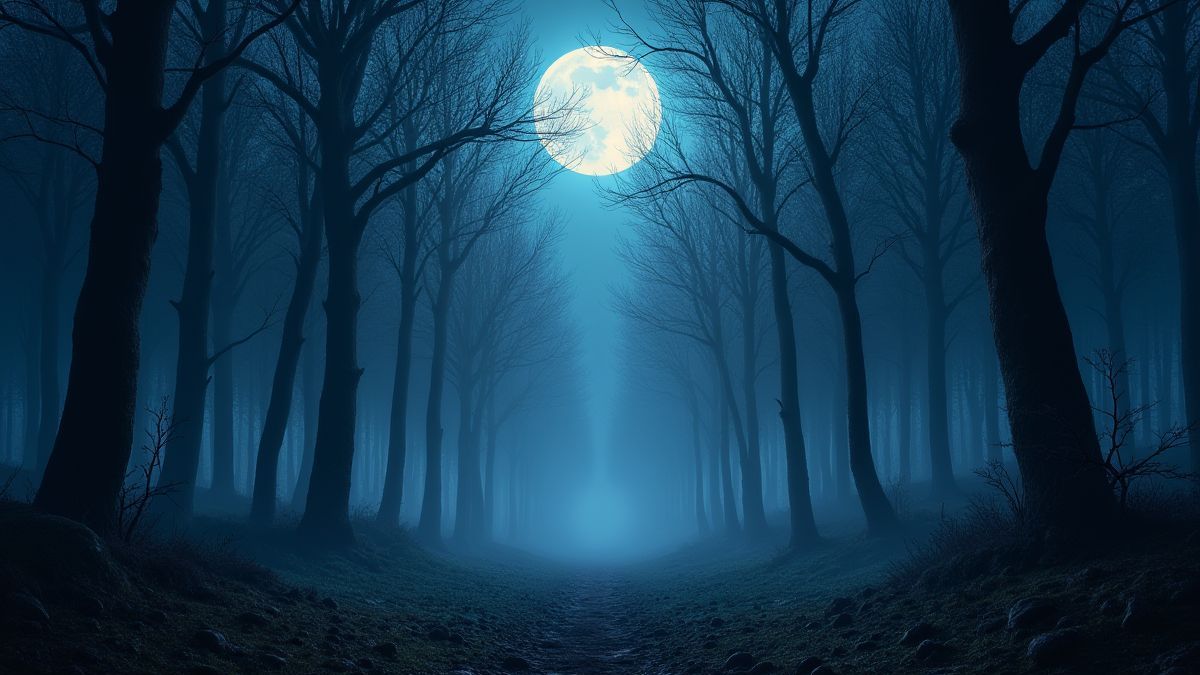 Un forêt magique avec des arbres brillants sous la lumière de la lune.