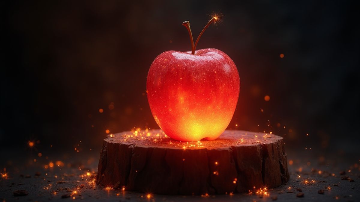Une pomme empoisonnée brillamment posée sur un piédestal magique.