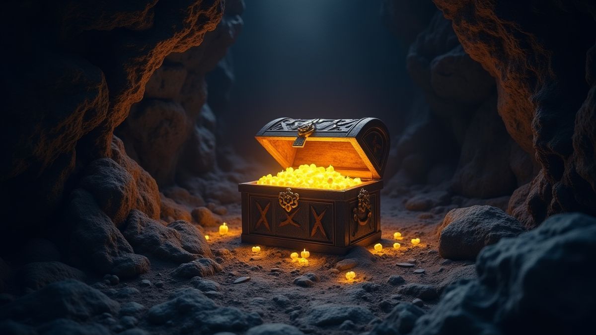 A shining treasure chest in a dark cave.